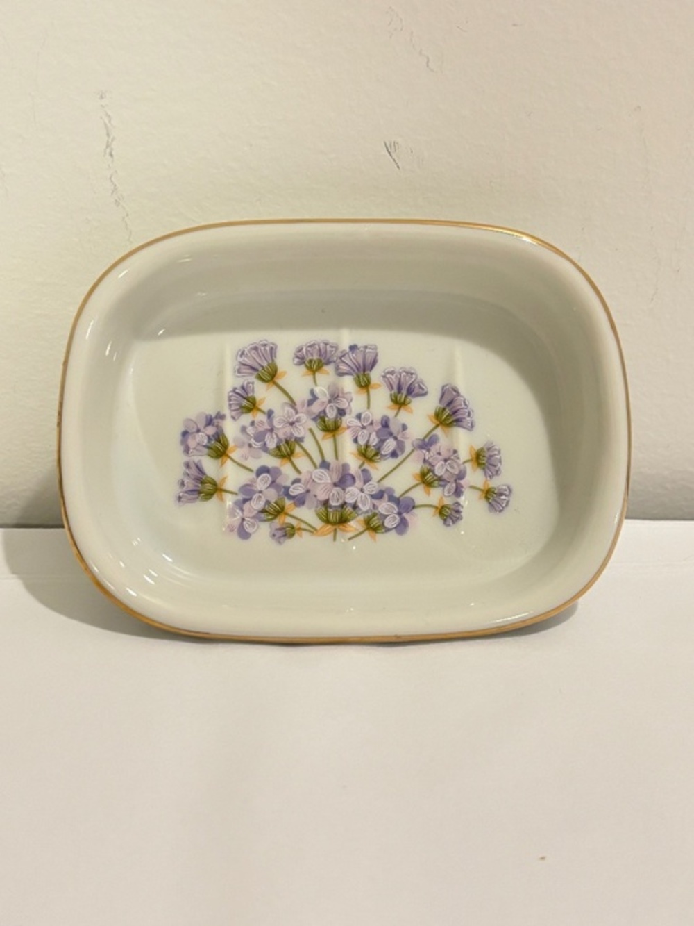 Vintage porcelain soap dish hand painted floral design purple flowers gold trim